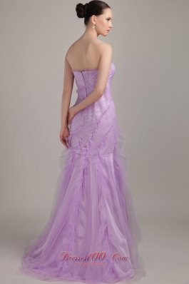 Brush Train Tulle Ruch Prom Dress Mermaid Uneven Hemline