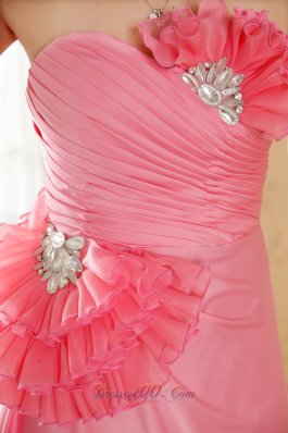 Watermelon Empire Pleated Fan Decorated Bodice Prom Dress