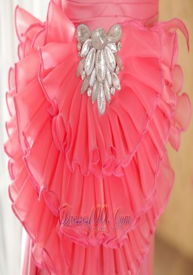 Watermelon Empire Pleated Fan Decorated Bodice Prom Dress