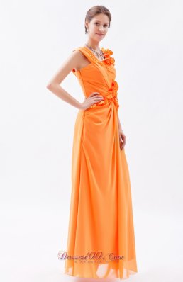 Orange Column Asymmetrical Straps Floral Trimmed Prom Dress