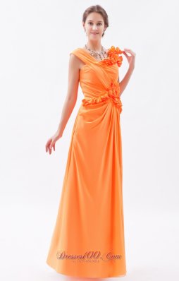 Orange Column Asymmetrical Straps Floral Trimmed Prom Dress