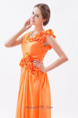 Orange Column Asymmetrical Straps Floral Trimmed Prom Dress