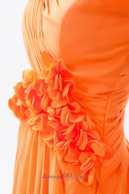 Orange Column Asymmetrical Straps Floral Trimmed Prom Dress