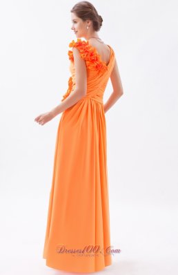 Orange Column Asymmetrical Straps Floral Trimmed Prom Dress