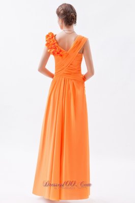 Orange Column Asymmetrical Straps Floral Trimmed Prom Dress