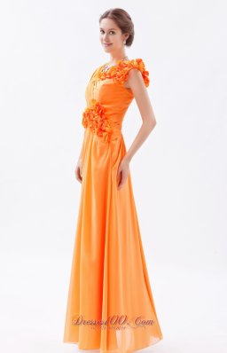 Orange Column Asymmetrical Straps Floral Trimmed Prom Dress