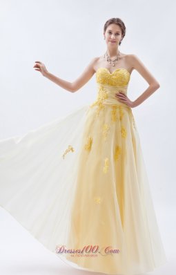 Yellow Floral Appliques Light Yellow Tulle Prom Dress