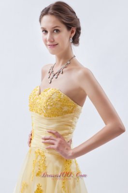 Yellow Floral Appliques Light Yellow Tulle Prom Dress