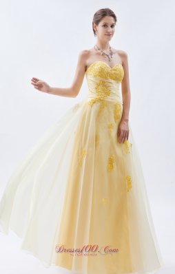 Yellow Floral Appliques Light Yellow Tulle Prom Dress