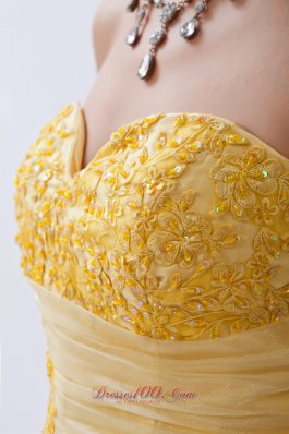 Yellow Floral Appliques Light Yellow Tulle Prom Dress