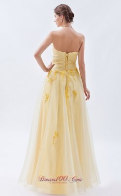 Yellow Floral Appliques Light Yellow Tulle Prom Dress