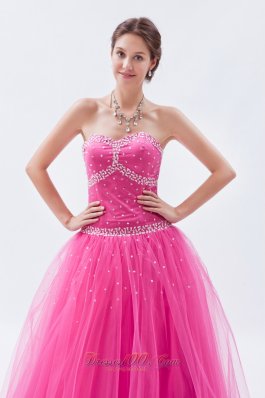 Hot Pink A-line / Princess Tulle Beading Prom Dress