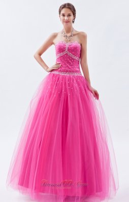 Hot Pink A-line / Princess Tulle Beading Prom Dress