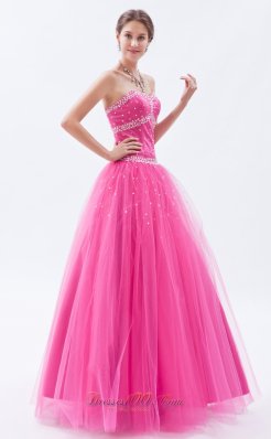 Hot Pink A-line / Princess Tulle Beading Prom Dress