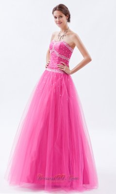 Hot Pink A-line / Princess Tulle Beading Prom Dress