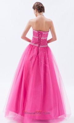 Hot Pink A-line / Princess Tulle Beading Prom Dress