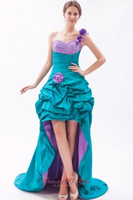 Teal and Lavender One Shoulder High-low Beading Prom Dress