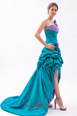 Teal and Lavender One Shoulder High-low Beading Prom Dress