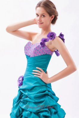 Teal and Lavender One Shoulder High-low Beading Prom Dress