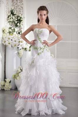 Prom / Evening Dress White Column Green Appliques Ruffles