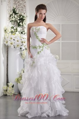 Prom / Evening Dress White Column Green Appliques Ruffles