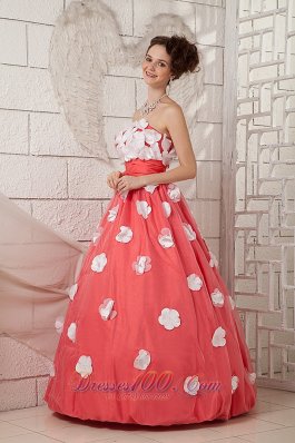 A-line Prom Dress Watermelon Taffeta White Floral Appliques