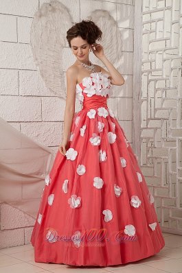 A-line Prom Dress Watermelon Taffeta White Floral Appliques