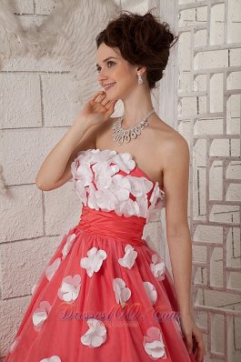 A-line Prom Dress Watermelon Taffeta White Floral Appliques