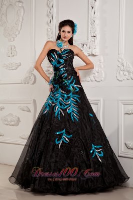 A-line / Princess Prom Dress Black Organza and Teal Applique