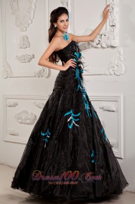 A-line / Princess Prom Dress Black Organza and Teal Applique