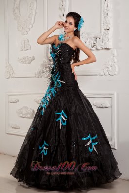 A-line / Princess Prom Dress Black Organza and Teal Applique