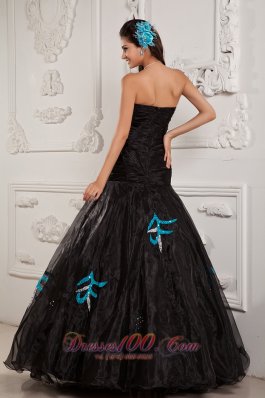 A-line / Princess Prom Dress Black Organza and Teal Applique