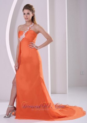 One Shoulder Crossed Bust Side Slit Court Prom Gown