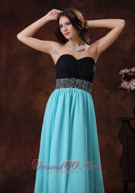 Black and Aqua Blue Beaded Waistband Prom Dress