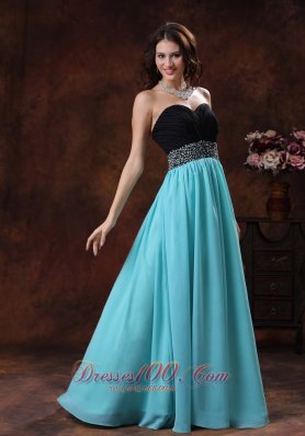 Black and Aqua Blue Beaded Waistband Prom Dress