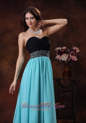 Black and Aqua Blue Beaded Waistband Prom Dress