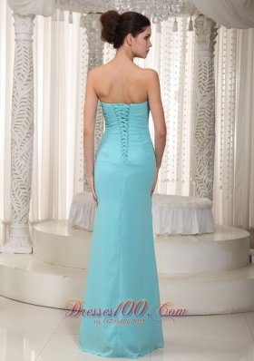 Light Blue Prom Dress Ruching Beaded Bust Side Slit