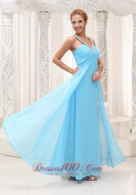 Beaded V-neck Front Straps Back Slit Prom / Evening Dress