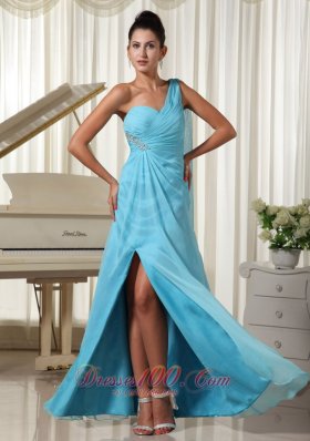 Ruched One Shoulder High Slit Prom Dress Aqua