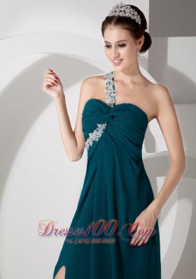 One Shoulder Crossed Bust White Appliques Slit Green