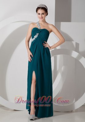 One Shoulder Crossed Bust White Appliques Slit Green