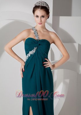 One Shoulder Crossed Bust White Appliques Slit Green