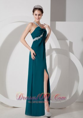 One Shoulder Crossed Bust White Appliques Slit Green