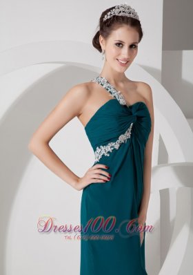 One Shoulder Crossed Bust White Appliques Slit Green