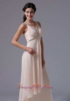 V-neck Prom Dress Beading and Ruch Uneven Hemline