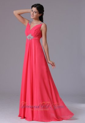 Ruched V-neck Mid Beadwork Prom Dress Floor-length