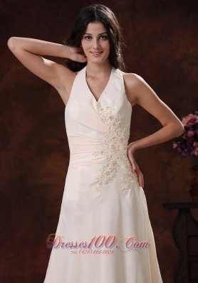 Halter Champagne Prom Dress With Brush Applique Decorated