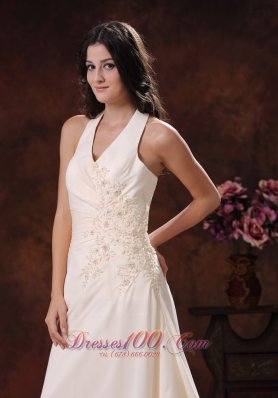 Halter Champagne Prom Dress With Brush Applique Decorated