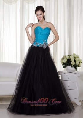 A-line Blue and Black Taffeta and Tulle Prom Dress