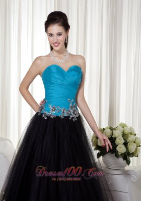 A-line Blue and Black Taffeta and Tulle Prom Dress